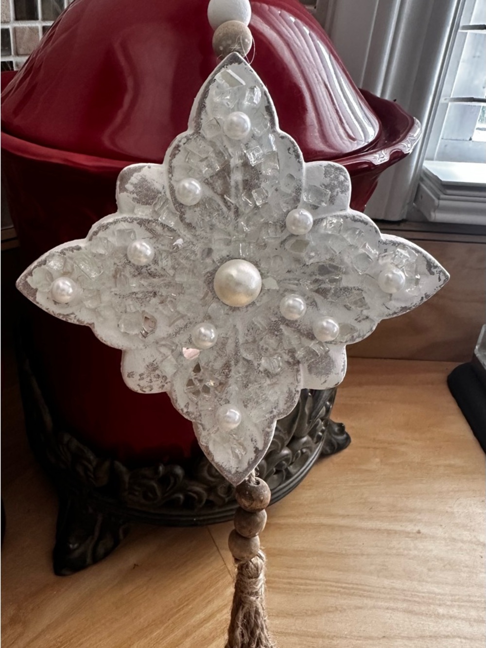 Hand crafted Beaded White Floral hanging Ornament with Tassel - Picture 6 of 11